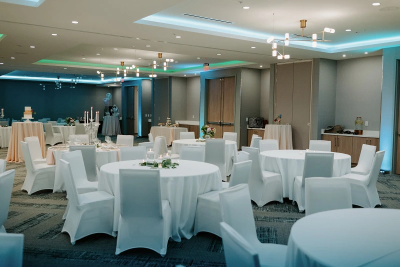 a banquet room set up for a formal function